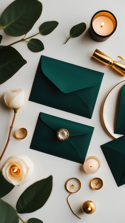 top view of green envelopes, candles and eucalyptus branches on white backgroundの素材