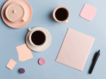 Coffee cup and notepad on blue background, top viewの素材