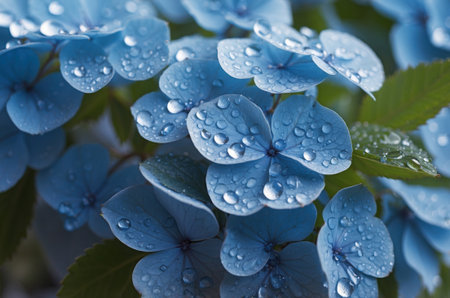 Blue Hydrangea macrophylla flowers with rain drops close upの素材