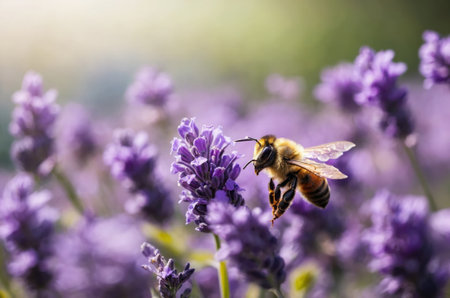 Bee on lavender flowers. Bee pollinating lavender flowers.の素材