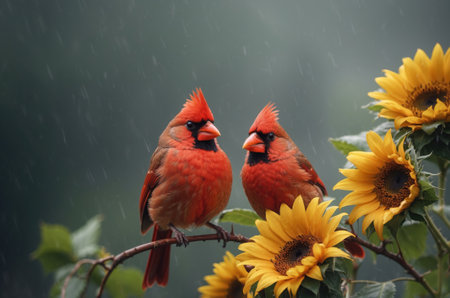 Male and female Northern Cardinal (cardinalis cardinalis) on sunflowers under rainの素材