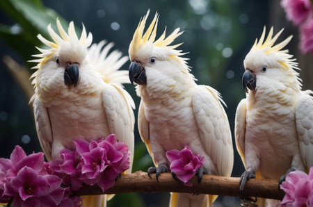 Cockatoo parrot on a branch with orchidsの素材