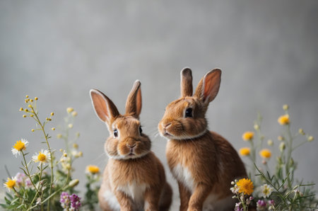 Cute easter bunnies with flowers on grey wall backgroundの素材
