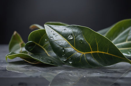 Green leaves with water drops on a black background, close-upの素材