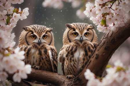 Two beautiful owls are sitting on a tree branch in the rainの素材