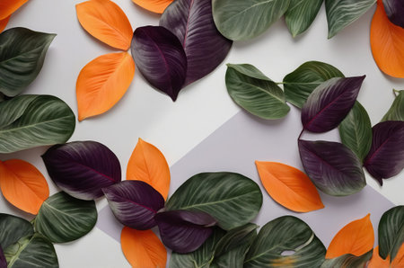 Creative layout made of colorful leaves on white background. Flat lay. Nature concept.の素材