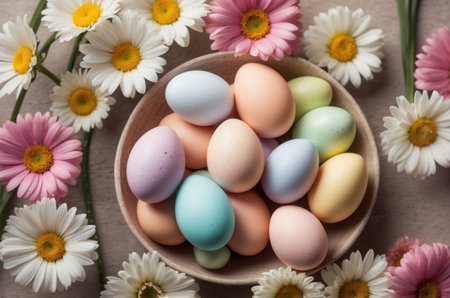 Colorful easter eggs in bowl with daisies on wooden tableの素材