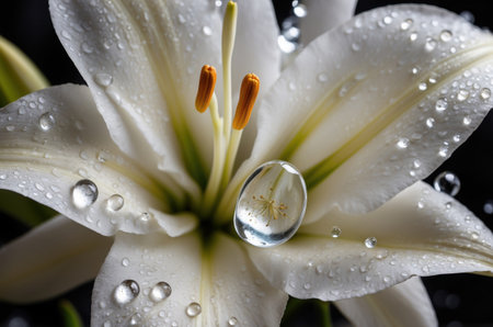 White lily flower with water drops on black background, closeupの素材