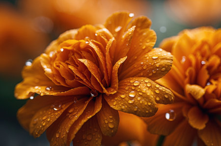 Beautiful orange flower with water drops on petals close-upの素材