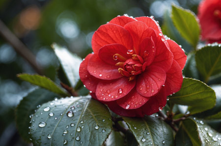 Red camellia flower with dew drops after the rain.の素材