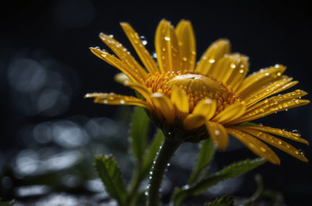 Yellow daisy flower with dew drops on a dark background.の素材