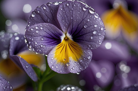 Purple and yellow pansy flowers with water drops on petalsの素材