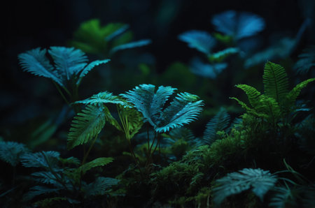 Ferns in the forest at night. Nature background. Selective focus.の素材