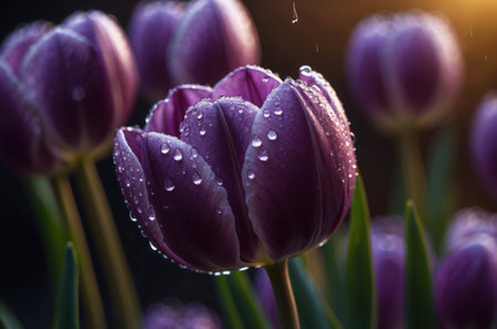 Beautiful purple tulip flowers with water drops on petals.の素材