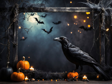 Halloween background with black crow and pumpkins on wooden table.の素材