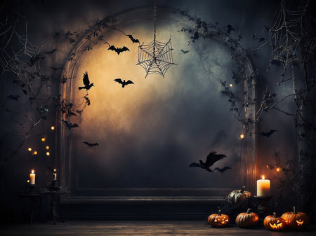 Halloween background with pumpkins, bats, cobwebs and candlesの素材