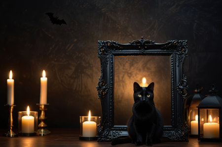 Black cat sitting near vintage photo frame with burning candles and bats on dark backgroundの素材