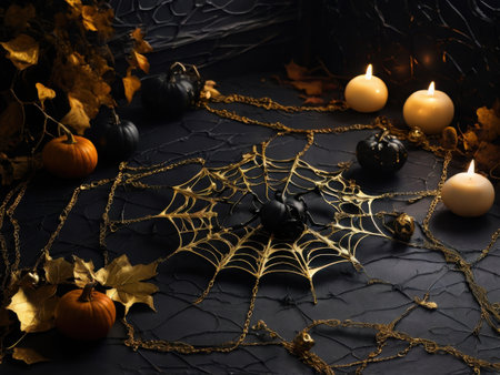 Halloween background with spiders, pumpkins and candles on dark backgroundの素材