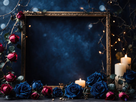 Romantic background with burning candles and roses on dark blue background.の素材