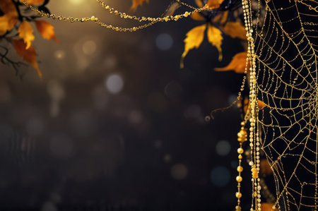 Spider web with autumn leaves and bokeh lights. Halloween backgroundの素材