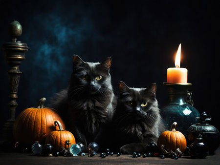 Two black cats lying on a wooden floor next to burning candles and Halloween decorationsの素材