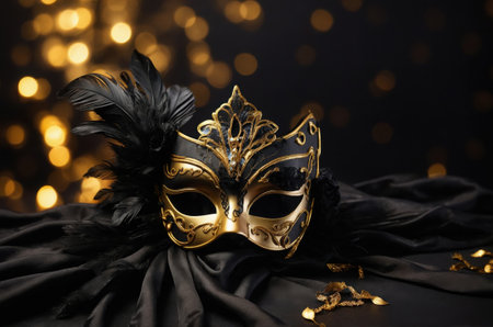 Traditional Venetian carnival mask on black cloth background with bokeh lightsの素材