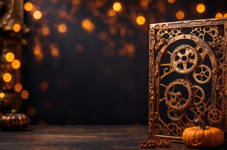 Halloween background with pumpkins and gears. Space for text.の素材