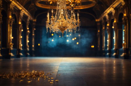 Beautiful luxury crystal chandelier on the floor in an old palaceの素材