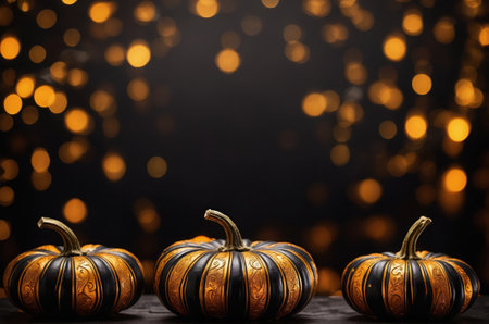 Halloween background with pumpkins and bokeh lights on dark backgroundの素材