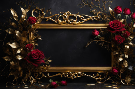 Golden frame with red roses on black background. Mockup for designの素材