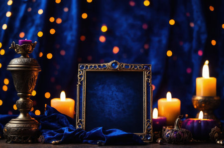 Vintage photo frame and burning candles on dark background. Space for textの素材