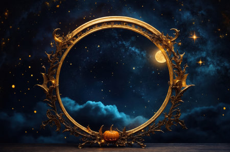 Halloween background with golden frame and pumpkins. 3d renderingの素材