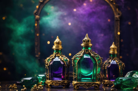 Beautiful luxury perfume bottles on dark toned foggy background. Selective focusの素材