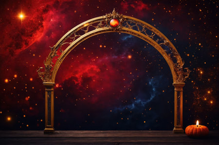 Halloween background with golden arch, pumpkins and space for textの素材
