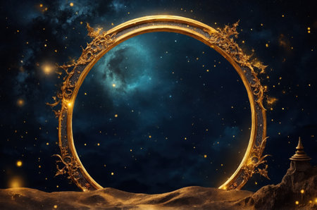 Mystical space. Golden frame on fantasy background. 3D renderingの素材