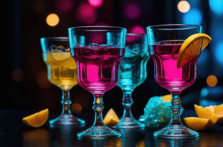 Colorful cocktails on a dark background. Alcoholic drinks in glasses.の素材