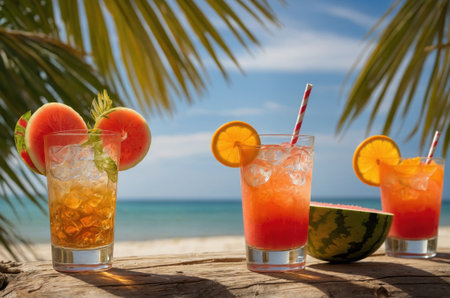 Watermelon cocktails on a tropical beach with palm leaves and blue skyの素材