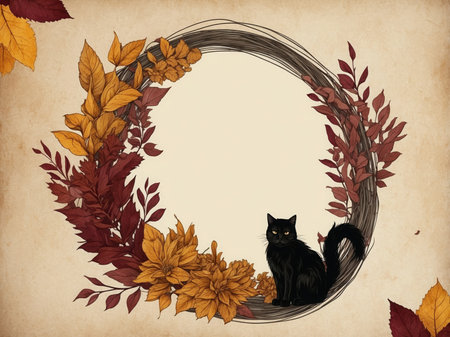 Black cat sitting in a wreath of autumn leaves. Vector illustration.の素材