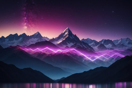 Fantastic starry night landscape with mountains and lake. 3d renderingの素材