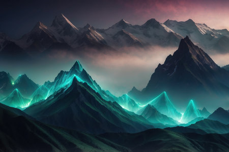 Fantastic mountain landscape with glowing alpine peaks and blue neon lightsの素材
