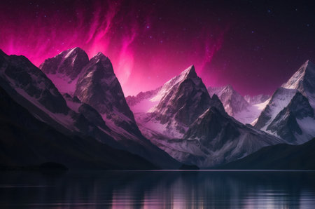 Aurora borealis over lake in the Himalayas, Nepalの素材