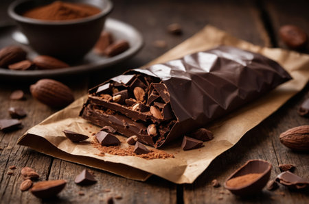 Chocolate bars with cocoa powder and almonds on a wooden table.の素材