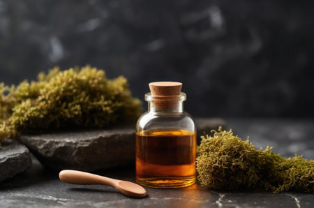Bottle of essential oil and moss on stone table, closeupの素材
