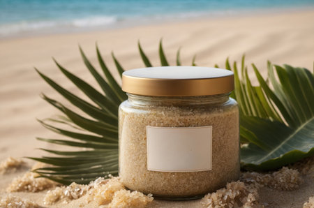 Coconut oil in a jar on the sand with palm leavesの素材