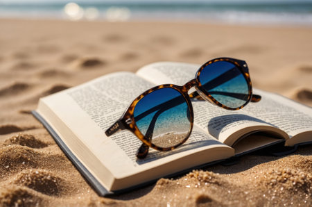 Book and sunglasses on the beach. Selective focus. Nature.の素材