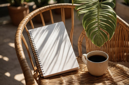 Notebook and cup of coffee on rattan chair in cafe.の素材