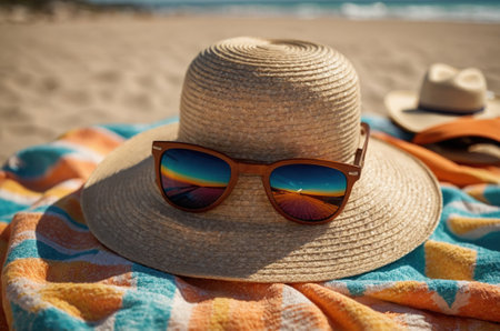 Straw hat and sunglasses on the beach. Selective focus.の素材