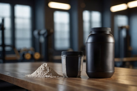 Close-up of protein powder and protein shaker on table in gymの素材