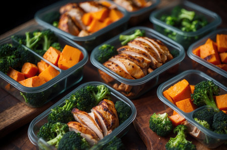 Chicken breast with broccoli and pumpkin in plastic containers on a wooden board.の素材