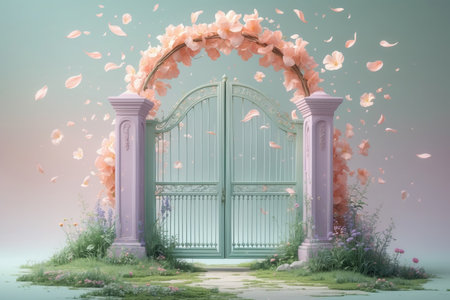 3D rendering of an arch decorated with flowers and petals.の素材